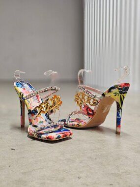 Floral Open-Toe High Heels With Rhinestone & Gold Chain Straps Multicolor Womens